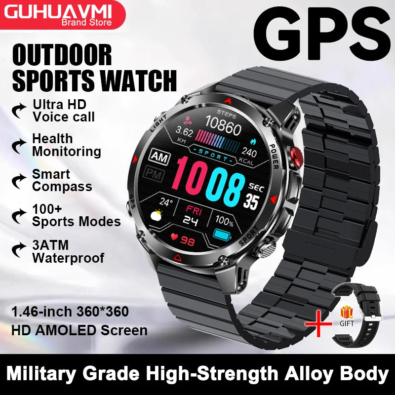 2026 New Outdoor Sport GPS Position Smart Watch Men 3ATM Waterproof Compass Altimeter 540mAh BT Call Fitness Watch