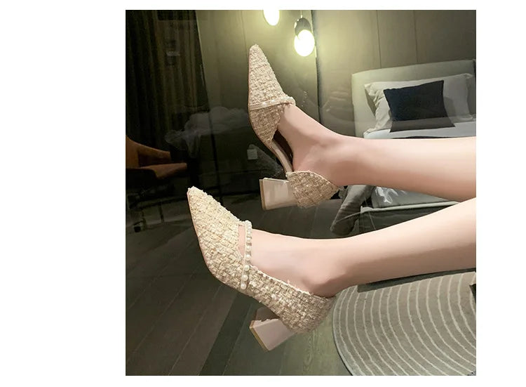 Woman Sexy High Heels New Elegant Wedding Dress Shoes Ladies Shallow Office Party Shoes Tweed Style Side Hollow Single Shoes