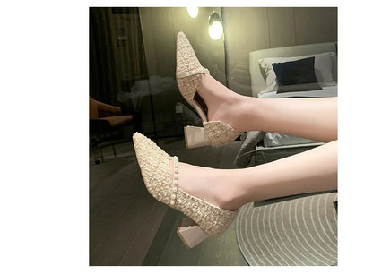 Woman Sexy High Heels New Elegant Wedding Dress Shoes Ladies Shallow Office Party Shoes Tweed Style Side Hollow Single Shoes