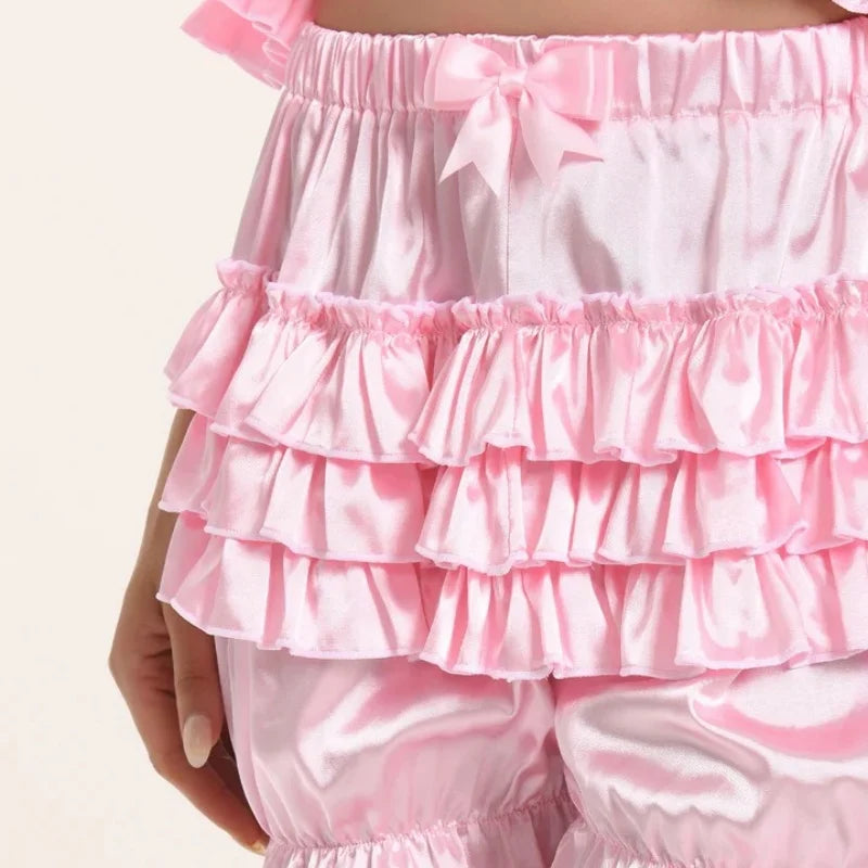 Satin Lace Ruffles Lolita Bloomers Shorts Pants Women Pink Tiered Kawaii Pumpkin Panties Y2k Vintage Victorian Bloomer