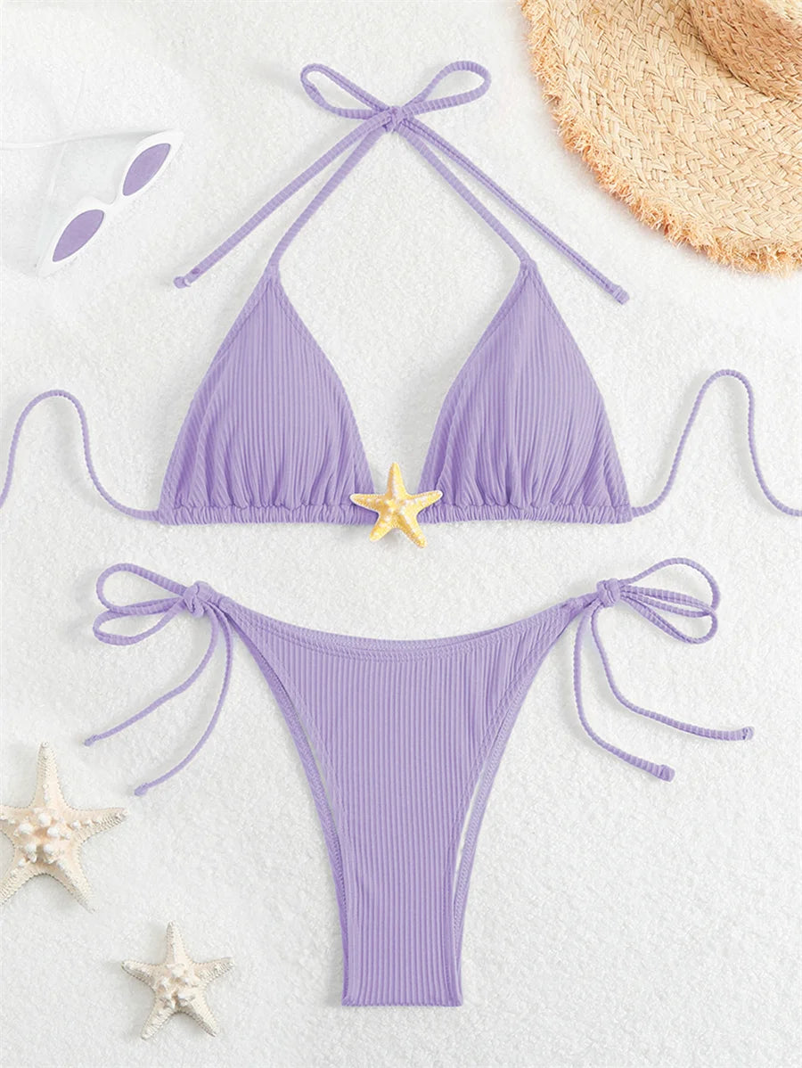 Women Swimsuits Separate Halter Bikinis Set With Chest Pad Solid Color With Starfish Beachwear Summer Vacation Two-Piece Sets