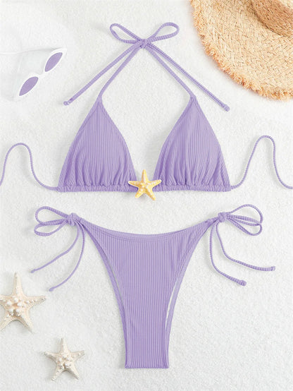 Women Swimsuits Separate Halter Bikinis Set With Chest Pad Solid Color With Starfish Beachwear Summer Vacation Two-Piece Sets