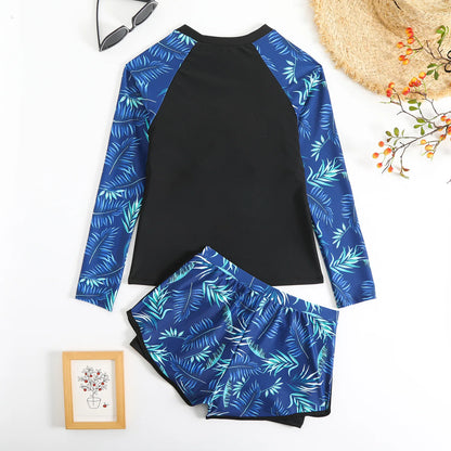New 2026 Women's Vintage Print Swimsuit Rash Guards Long Sleeve Swimwear Surfing Sports Pool Swimming Suit Two-Piece Bath Suits