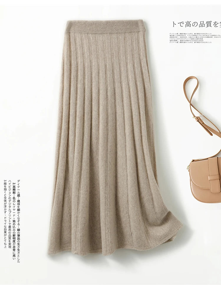 High-end 2022 Autumn/Winter New 100% Pure Wool Women's Thick Warm Elegant Pleated Skirt Fashion A Line Knitted Skirt 4 Colors