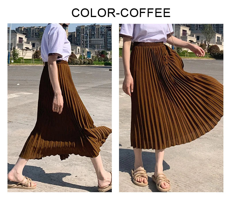 Womens Chic Pleated Swing Long Skirt with Liner Korean Fashion Kawaii Elastic High Waist OL Chiffon Shirring Mermaid Skirts K77