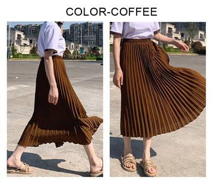 Womens Chic Pleated Swing Long Skirt with Liner Korean Fashion Kawaii Elastic High Waist OL Chiffon Shirring Mermaid Skirts K77