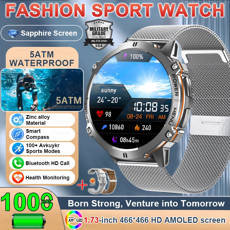 2025 New Outdoor Military Smart Watch Men 1.73" AMOLED IP69K 5ATM Waterproof 1000mAh Super Large Battery BT Call Smart  Watches