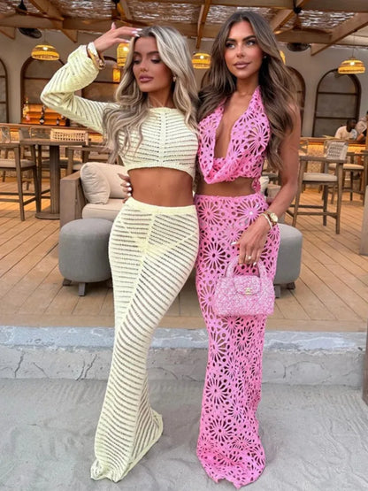 Swimwear Skirt Cover-up 2 Piece Set Women Crop Tops And Maxi Skirt Bathing Suit Fashion Solid Hollow Sexy Beach Cover Up Outfits
