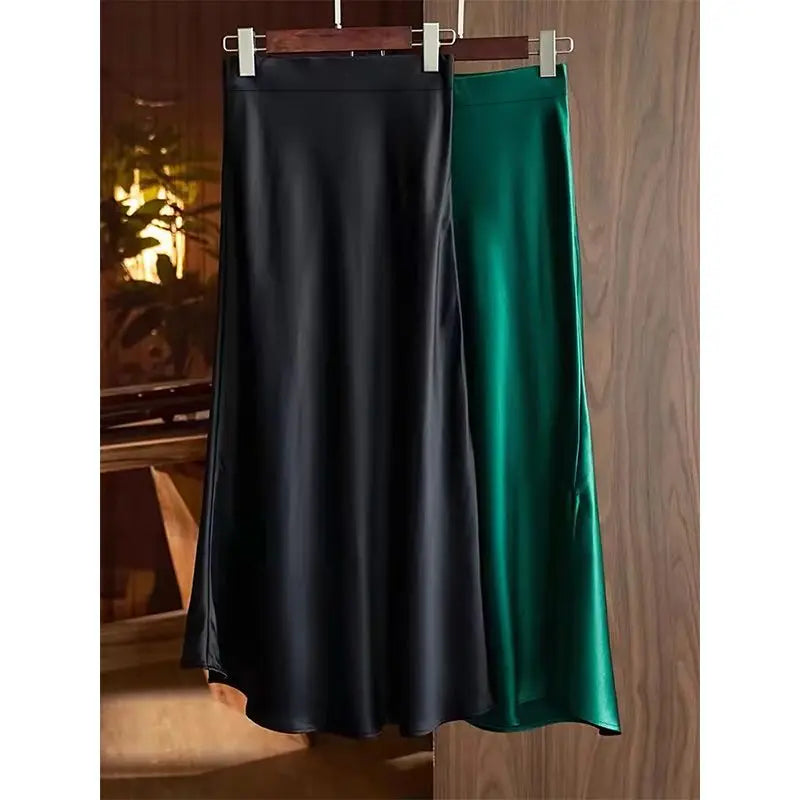 Fashion Oversized Women Clothing Satin Skirts Summer Temperament Solid Color High Waist A-line Skirt Female Simplicity Skirt