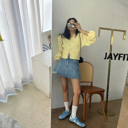 Chic High Waist A-Line  Skirt Women's Jeans ort Skirt Spring Vintage Slimming Splicing Hemming Girl's Faion Commute