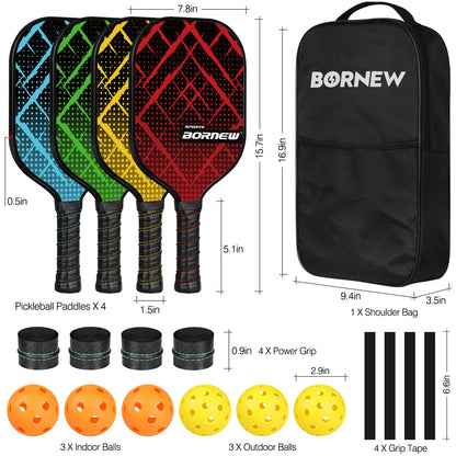 Pickleball Paddles Set of 4, Fiberglass Surface Pickleball Set with 6 Pickleball Balls, 4 Overgrip Lightweight for Beginners