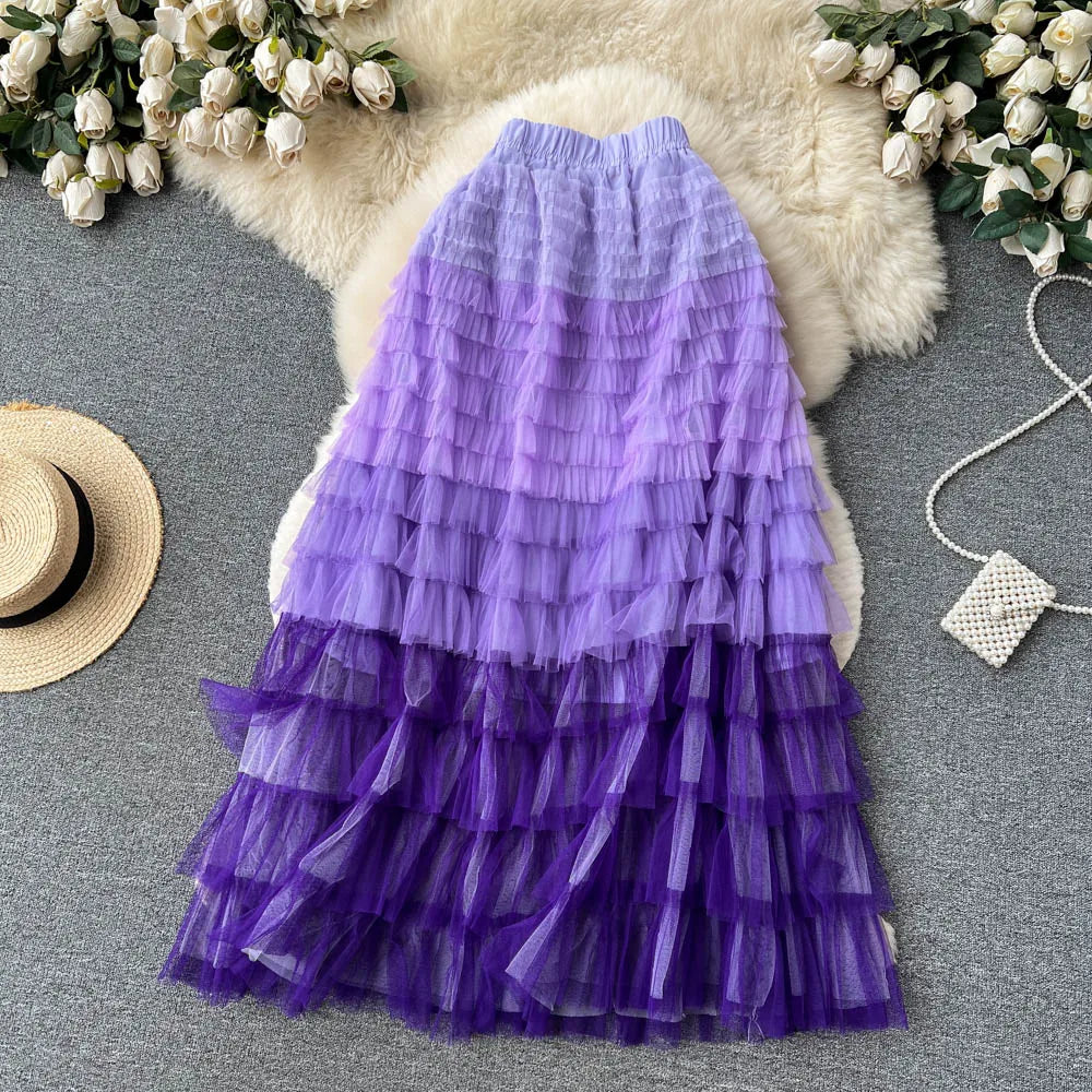 Voille Skirts Women Gradient Y2k High Waist Elastic Jupe Ladies Tulle Mujer Faldas Ruffles Long Female Mesh Skirt Dropshipping