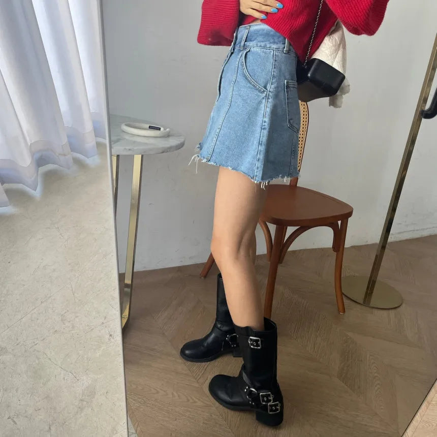 Chic High Waist A-Line  Skirt Women's Jeans ort Skirt Spring Vintage Slimming Splicing Hemming Girl's Faion Commute