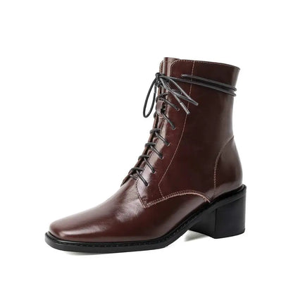 Krazing Pot 2025 Hot Sale Genuine Leather Square Toe Chelsea Boots High Heels Winter Season Lace Up Superstar Ins Ankle Boots