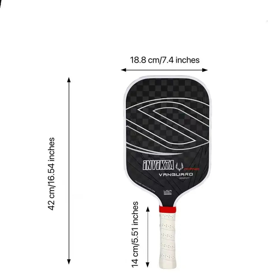 12K pickleball paddle with a 16mm polymer honeycomb core, designed for enhanced spin and power; black with white accents, includ