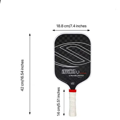 12K pickleball paddle with a 16mm polymer honeycomb core, designed for enhanced spin and power; black with white accents, includ
