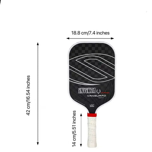 12K pickleball paddle with a 16mm polymer honeycomb core, designed for enhanced spin and power; black with white accents, includ