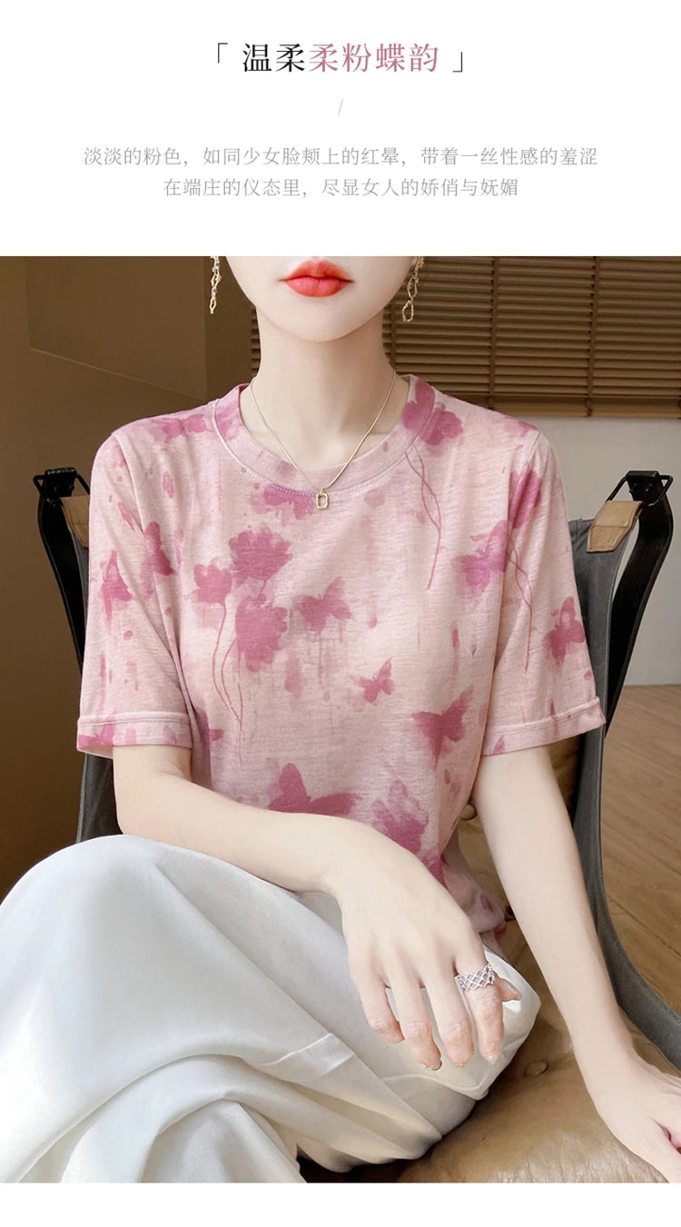 Spring And Summer New Lyocell Short Sleeve Sweater Loose Thin Half Sleeve T-shirt Printed Top