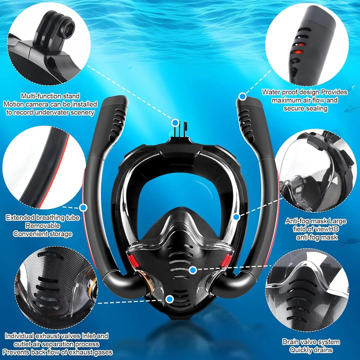 Snorkeling Mask Double Tube Silicone Full Dry Diving Mask Adult Swim Mask Diving Goggles Indoor Self Contained Underwater Breath