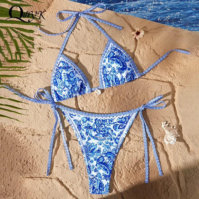 Blue White Porcelain Printing Halter String Triangle Two Piece Bikini Women Swimsuit Separate Beach Wear Adjust Lace-up Swimsuit