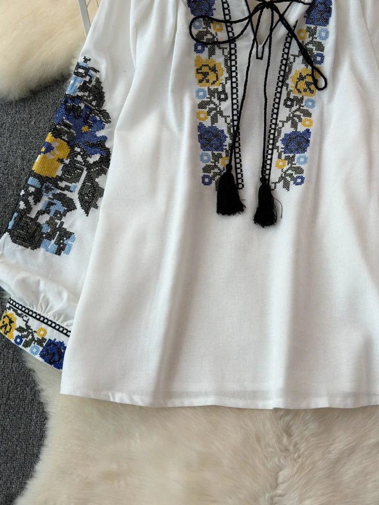 2026 Spring Retro Embroidered Shirt Top Female Lace Up Tassel Loose Lantern Sleeves Ethnic Style Blouse Female A70