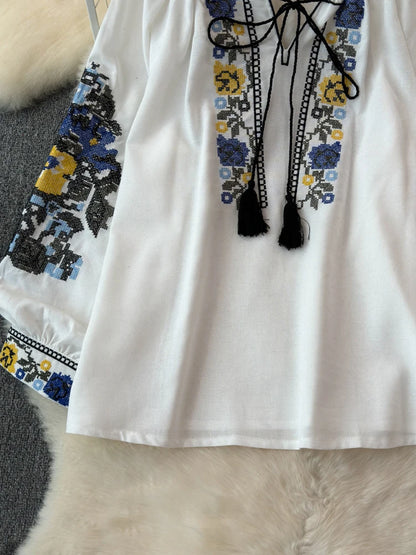2026 Spring Retro Embroidered Shirt Top Female Lace Up Tassel Loose Lantern Sleeves Ethnic Style Blouse Female A70
