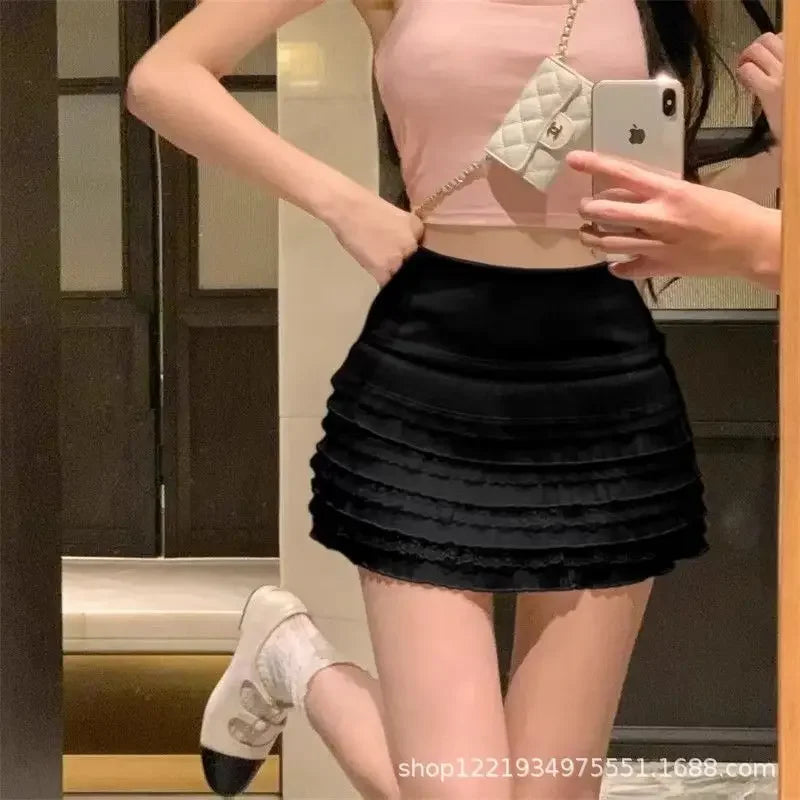 Sweet And Spicy Korean Style High Waist Pleated Mini Skirt Women's Summer New Fashion Lace Wrap around Short Skirt