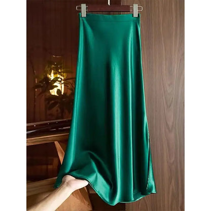 Fashion Oversized Women Clothing Satin Skirts Summer Temperament Solid Color High Waist A-line Skirt Female Simplicity Skirt