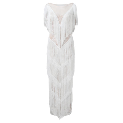 Womens Deep V Midi Fringed Dresses Sleeveless Pencil Party Solid Elegant Sexy Skirt Long Dresses Evening Party Mujer