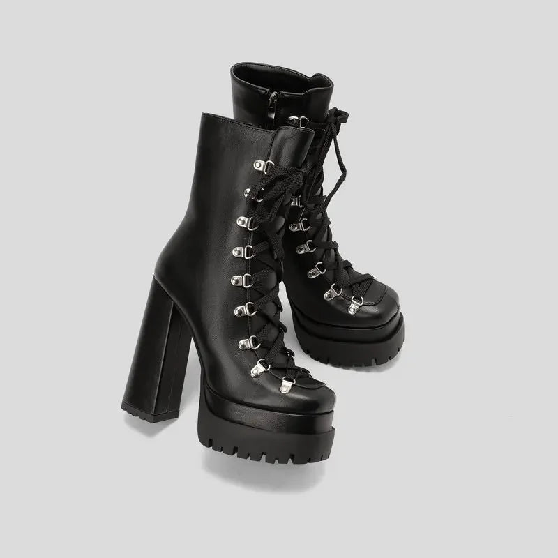 Modern Western Mature Punk Goth Female Winter Super Block High Heeled Shoes Square Toe Lace-up Platform Heels Boots