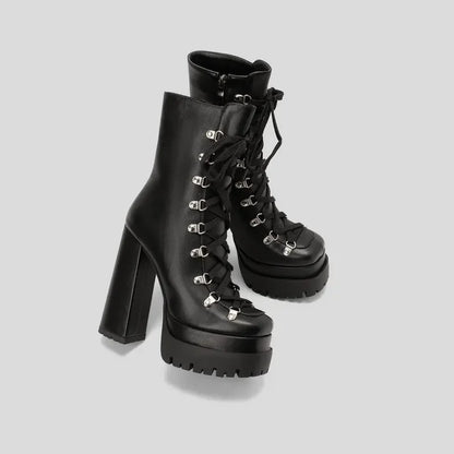 Modern Western Mature Punk Goth Female Winter Super Block High Heeled Shoes Square Toe Lace-up Platform Heels Boots