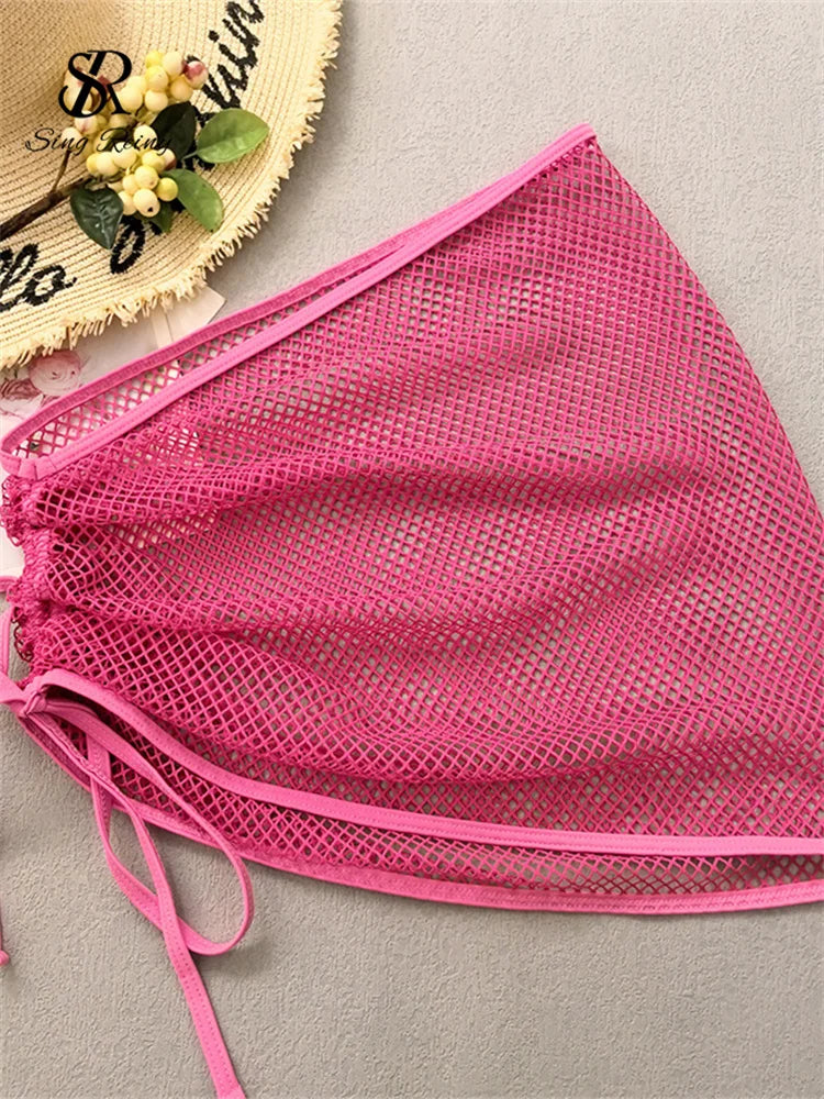 SINGREINY Mesh Sheath Sexy Bikini Sets Female Mini Camis Briefs+Short Skirt Set Fashion Drawstring Sensual Beach 3 Pieces Suits