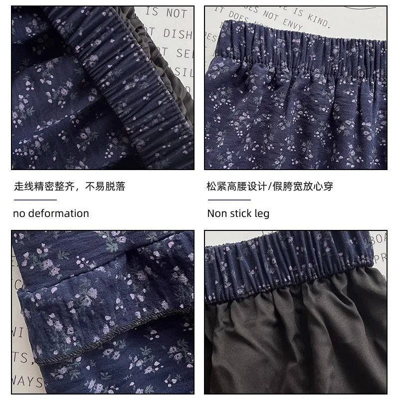 New Elegant Dark Blue Floral Women High-Waisted Retro Blue Floral Skirt Female A-line Skirt Casual Lazy Wind Long Skirt