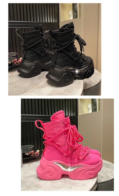 Women's Pink Boots Platform New in  Calf High Boot Woman Winter Girl's Ankle Bootie White Sneakers Trends 2023 Cross Strap Bling
