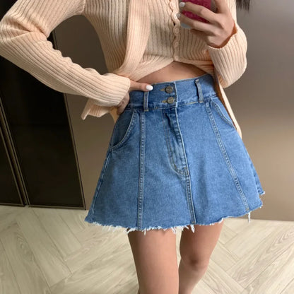 Chic High Waist A-Line  Skirt Women's Jeans ort Skirt Spring Vintage Slimming Splicing Hemming Girl's Faion Commute