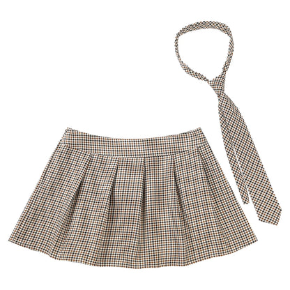 Womens Plaid Pleated Skirts With Necktie Harajuku Mini Japanese Preppy Schoolgirls Uniforms Kawaii Skirts Ladies Cosplay Costume
