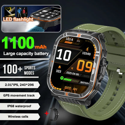 New 1100mAh Big Battery Smart Watch Men Outdoor Compass Bluetooth Call IP68 Waterproof Sports 2.01 Inch Flashlight Smart Watch