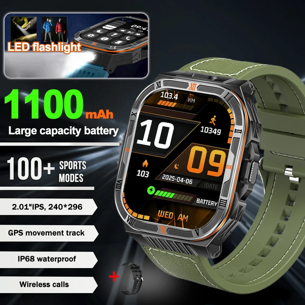 New 1100mAh Big Battery Smart Watch Men Outdoor Compass Bluetooth Call IP68 Waterproof Sports 2.01 Inch Flashlight Smart Watch