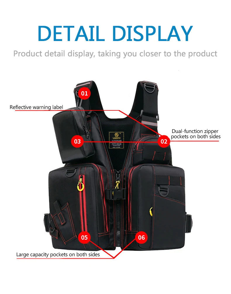 multi-functional life jacket vest for outdoor fishing, a must-have for safety. Multiple pockets for storage, buoyant materials