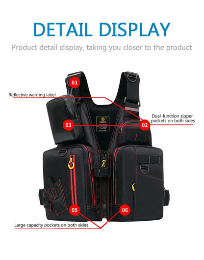 multi-functional life jacket vest for outdoor fishing, a must-have for safety. Multiple pockets for storage, buoyant materials