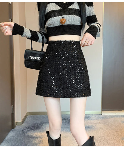 Fashion Y2K Streetwear Winter Mini Skirt Women Glitter Sequin Bodycon Tweed Skirts With Shorts A-Line Pink White Black Faldas