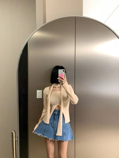 Chic High Waist A-Line  Skirt Women's Jeans ort Skirt Spring Vintage Slimming Splicing Hemming Girl's Faion Commute