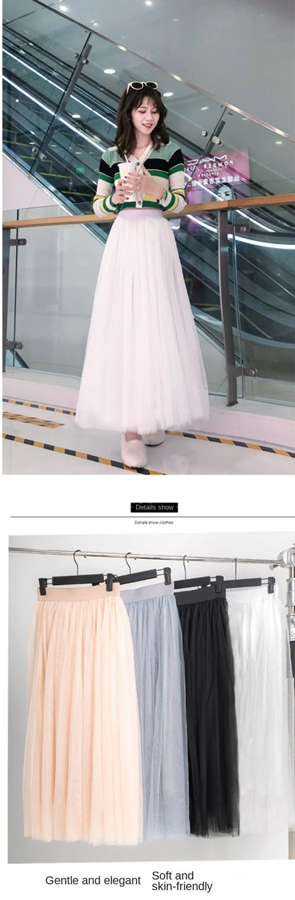 Women Mesh Elastic Tutu Skirt Beach Spring Summer Korean High Waist Fashion Pleated Long Skirt Black White Tulle Skirts LSK010