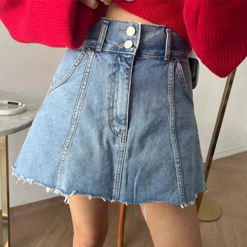 Chic High Waist A-Line  Skirt Women's Jeans ort Skirt Spring Vintage Slimming Splicing Hemming Girl's Faion Commute