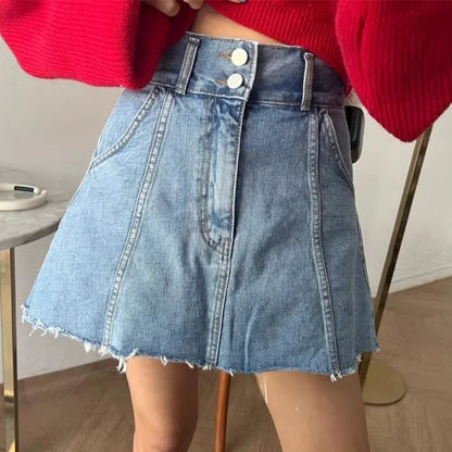 Chic High Waist A-Line  Skirt Women's Jeans ort Skirt Spring Vintage Slimming Splicing Hemming Girl's Faion Commute