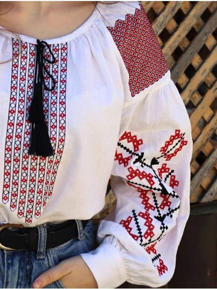 Retro Print Blusas Mujer Indie Folk Woman 2025 Shirts & Blouses O-neck Tassel Lace Up Clothing Loose Casual Camisas New Tops