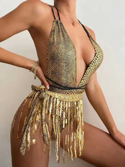 swimsuit women's new European and American sexy deep V swimsuitsNightclub hot girls tassel one-piece swimsuits
