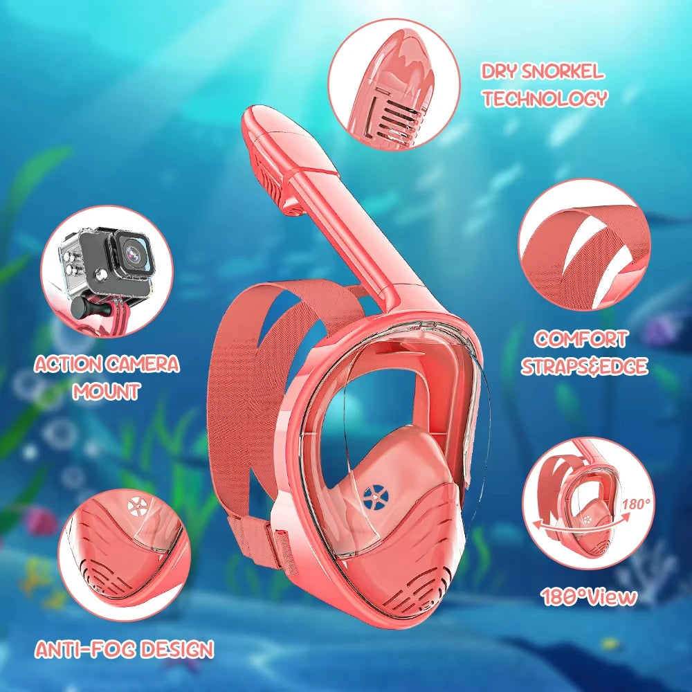 Kids Snorkel Mask Anti-Fog Leak-Proof Soft Silicone Design Easy to Wear Diving Mask Underwater Scuba Full Face 360° Panoramic