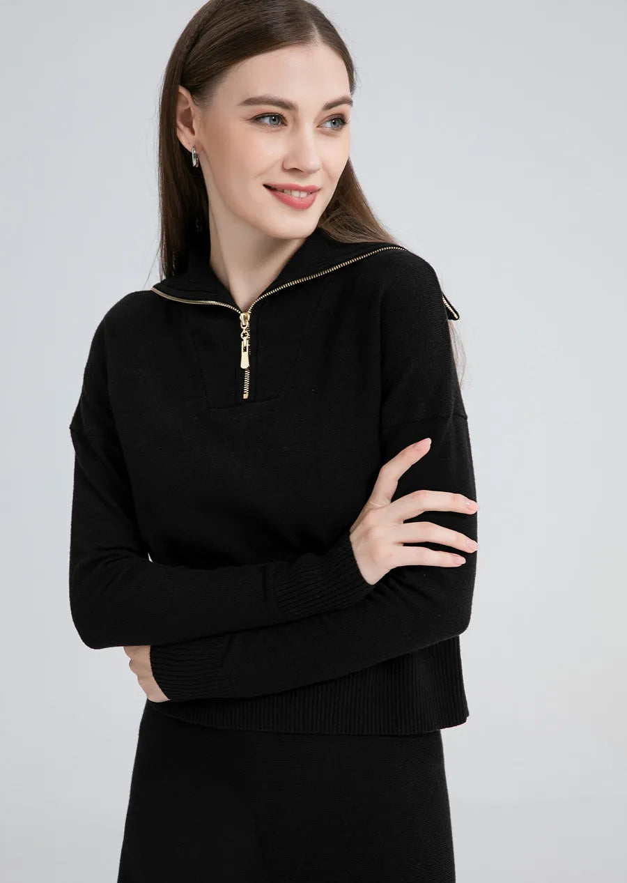 AS woman clothes knitting zipper collar tops and knitted skirt cover knee Autumn-winter collection