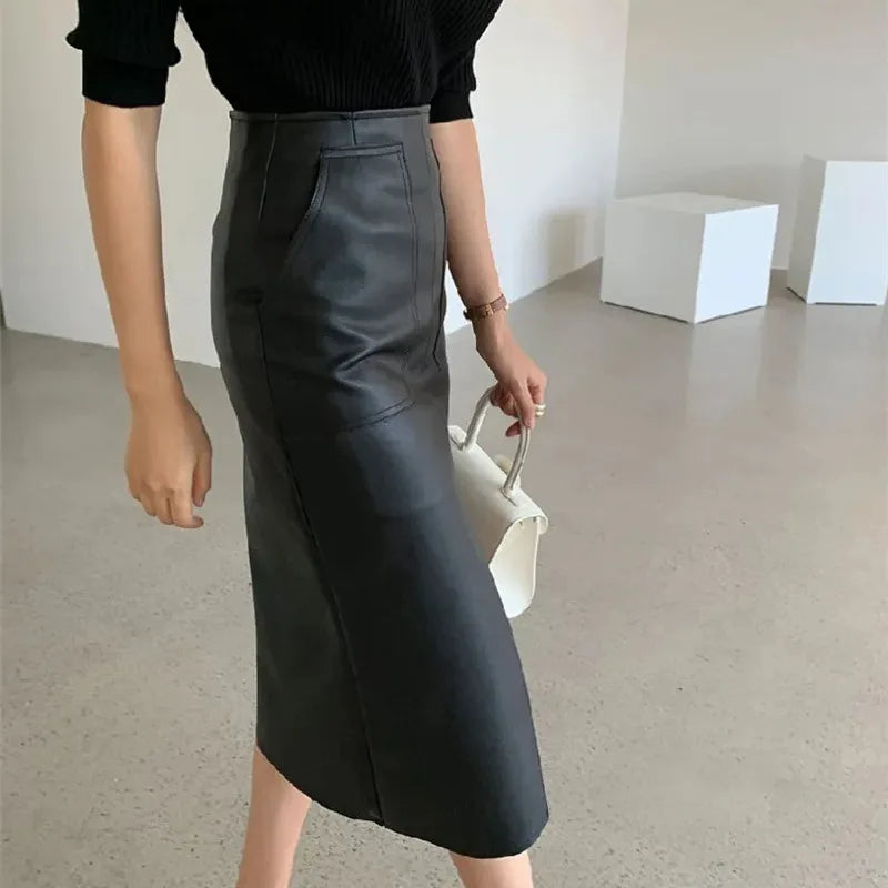 CM.YAYA Women High Waist PU Leather Vintage Straight Split Skirt 2025 Winter Street Pockets Basic Club Party Long Midi Skirts